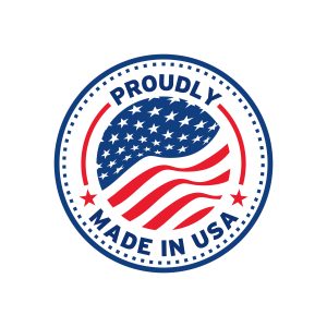 Made in USA label icon with American flag seal. Quality badge for US made certified premium package design